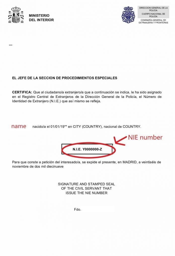 Spanish NIE number example